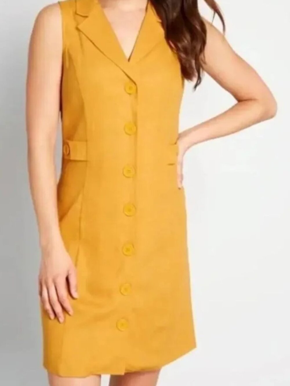 Modcloth Coasting Along gold mustard yellow linen blend sleeveless shirt dress 8